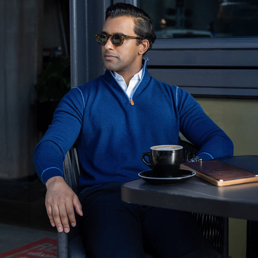 Napoli Accent Quarter Zip Wool & Cashmere Sweater Navy